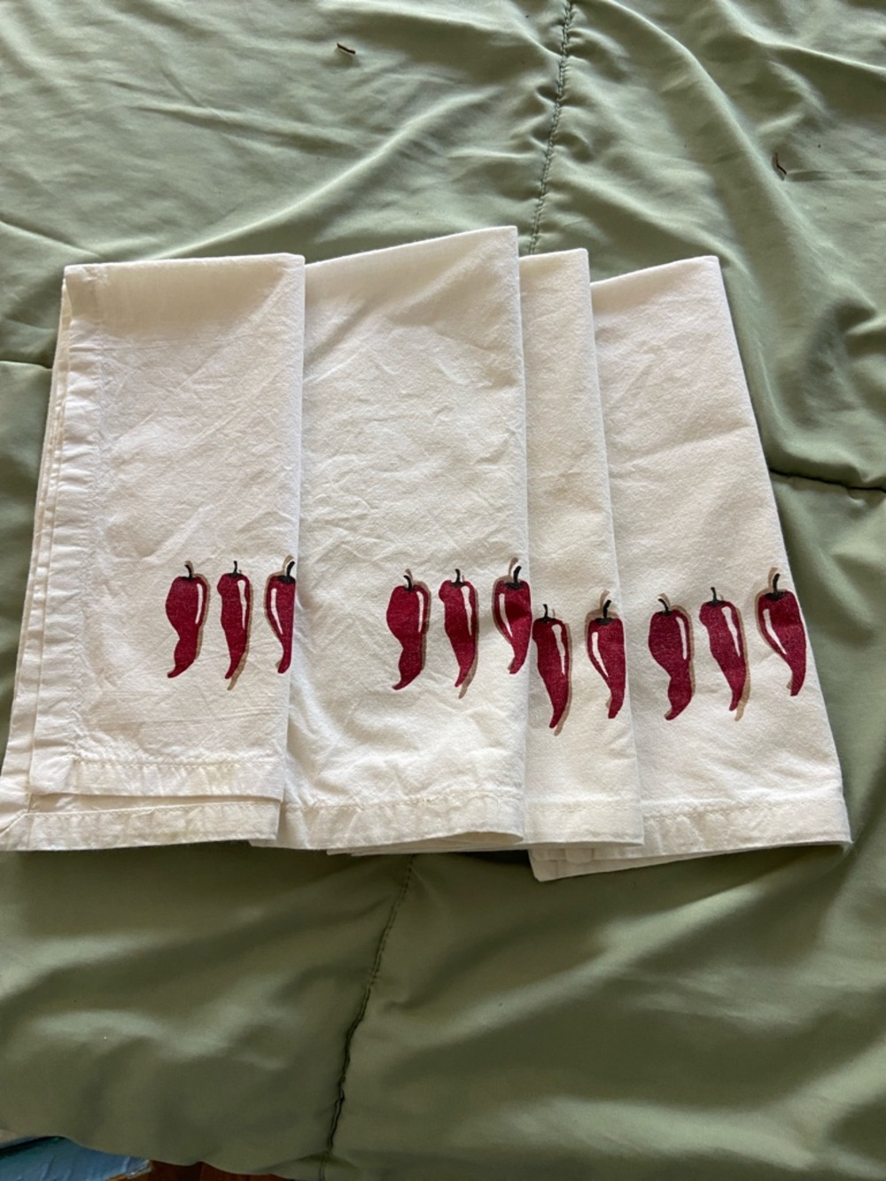 White Linen Napkins with Red Chili Pepper Embroidery - Set